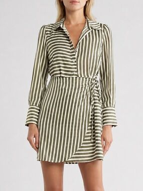 🆕🫒Sam Edelman Striped Wrap Shirt Dress GreenWhite Mini Size 6 Chic Office Casual